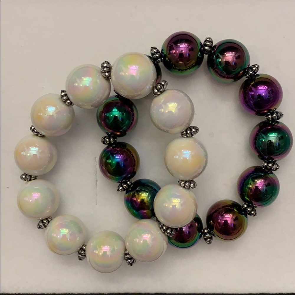 White & Purple Iridescent Beaded Bracelet Set of 2